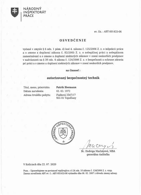 Osvedčenie — Autorizovaný bezpečnostný technik