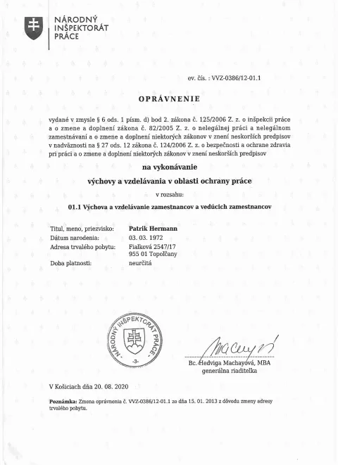 Osvedčenie — Výchova a vzdelávanie v ochrane práce