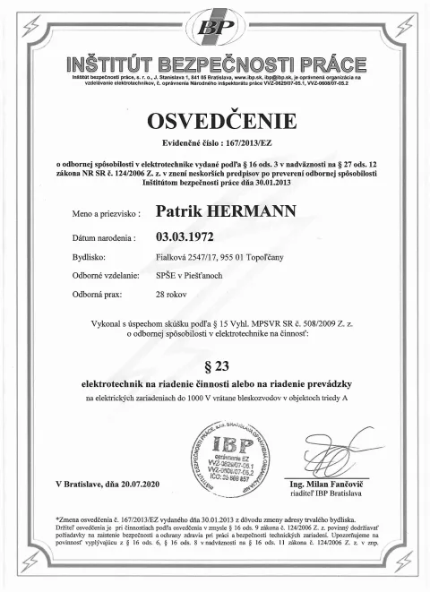 Osvedčenie — Odborná spôsobilosť v elektrotechnike